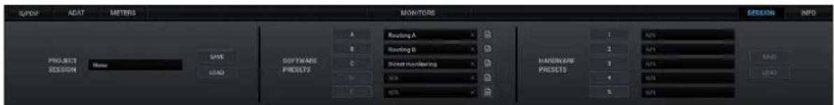 S/PDF ACAT METERS MONITORS SESSION INFO PROJECT SESSION Name SAVE LOAD SOFTWARE PRESSETS A Reading A B Reading B C Direct monitoring D NET E NET HANDWARE PRESSETS 1 NET 2 NET 3 NET 4 NET 5 NET SAVE LOAD
