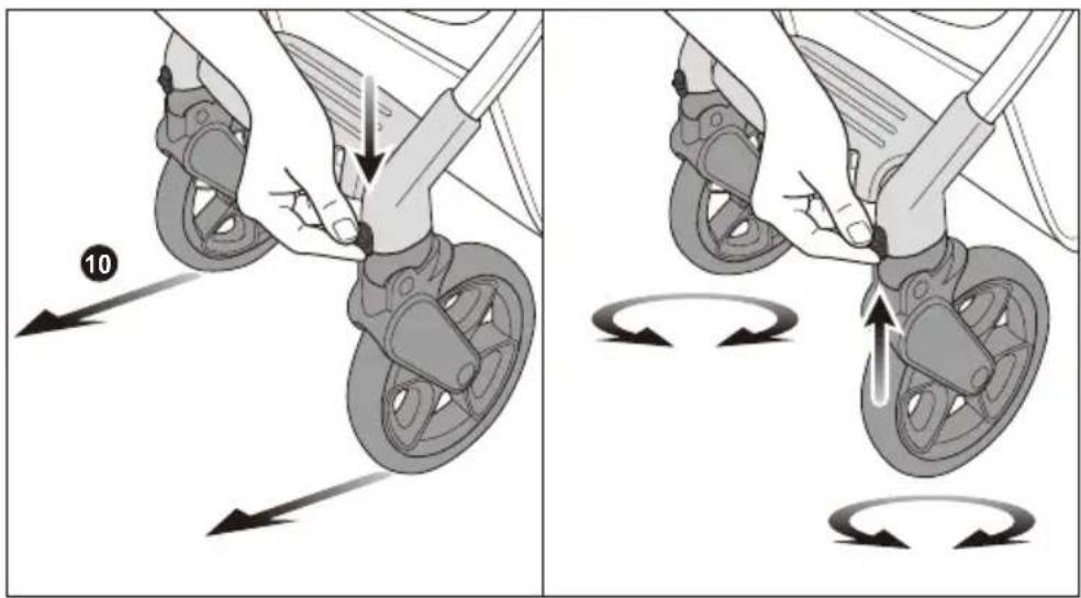 Illustration showing two-step bicycle wheel drive mechanism with labeled motion arrows and figure number 10