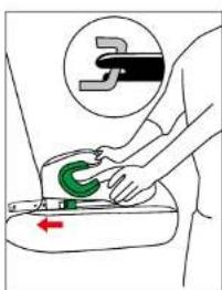 Diagram showing a person using a tool to adjust a green circular component, with an inset highlighting the mechanical part.