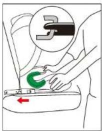 Diagram showing a person using a car seatbelt with a green circular component and directional arrow indicating movement or force.