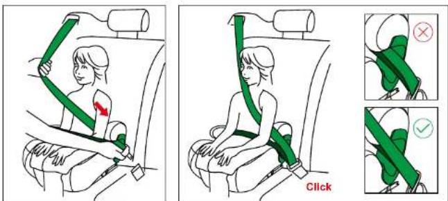 Diagram illustrating car seatbelt usage with green belt and directional arrows, showing correct and incorrect states of use.