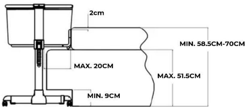 2cm MAX. 20CM MIN. 9CM MIN. 58.5CM-70CM MAX. 51.5CM