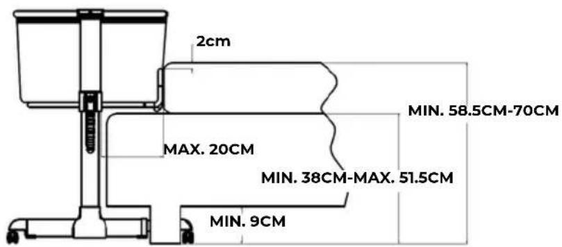 2cm MAX. 20CM MIN. 58.5CM-70CM MIN. 38CM-MAX. 51.5CM MIN. 9CM
