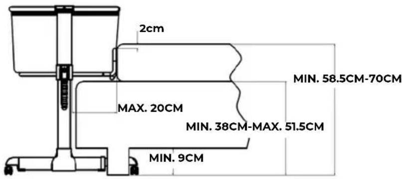 2cm MAX. 20CM MIN. 38CM-MAX. 51.5CM MIN. 9CM MIN. 58.5CM-70CM