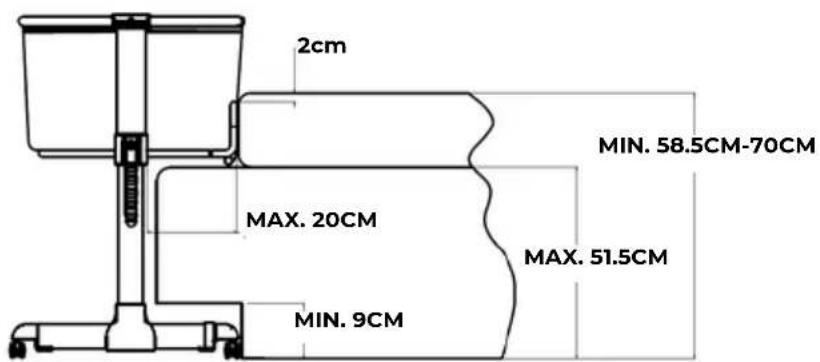2cm MAX. 20CM MIN. 9CM MIN. 58.5CM-70CM MAX. 51.5CM