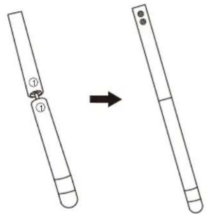 Diagram showing a transformation from a vertical rod with labeled parts to a horizontal rod, indicating a change in length or width.