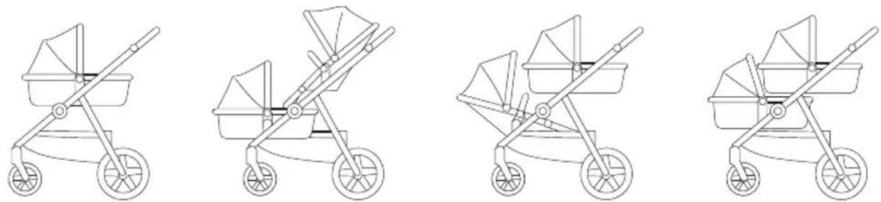 Beemoo Pro Multi 2 Carrycot - POSSIBLE SEAT POSITIONS USING CARRYCOT/S AND/OR SEAT SECTION - 1
