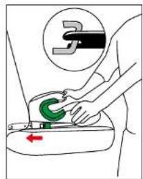 Diagram showing a person using a green tool to lift a car, with a red arrow indicating direction and a circular symbol labeled '3' in the background.