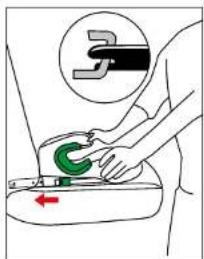 Diagram showing a person using a tool to lift a green hook, with a magnified inset highlighting the component.