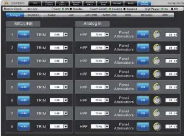 MIC/LINE Analog In 1 -42V TRIM 0.6% 2 -48V TRIM 0.6% 3 -48V TRIM 0.6% 4 -48V TRIM 0.6% 5 -48V TRIM 0.6% 6 -48V TRIM 0.6% 7 -48V TRIM 0.6% 8 -48V TRIM 0.6% HPF 70 Hz Panel Attenuators ON 19.48 HPF 70 Hz Panel Attenuators ON 19.48 HPF 70 Hz Panel Attenuators ON 19.48 HPF 70 Hz Panel Attenuators ON 19.48 HPF 70 Hz Panel Attenuators ON 19.48 HPF 70 Hz Panel Attenuators ON 19.48 HPF 70 Hz Panel Attenuator Power Switch @ Enabled Stabilized S/W Power @ On Off AC L/M COMB System Clock (COM) Mio Caps (Mio) ON/PM 06:00:00 Master Clock 44.1kHz Power @ ON Standby Power Switch @ Enabled Stabilized S/W Power @ On Off