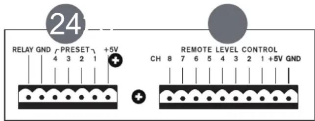 24 RELAY GND / PRESET +5V CH 8 7 6 5 4 3 2 1 +5V GND REMOTE LEVEL CONTROL