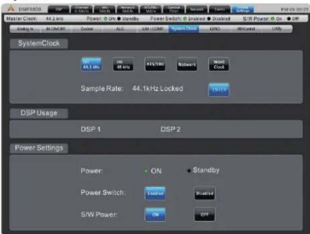 DASP2806 Master Clock: 44.1 kHz Power: ON • Standby Power Switch: Enabled S/W Power: On • Off Analog In: INCHOR Docker ADC USB COMP System Clock GPIO ARM Control Utility SystemClock Int 44.1 kHz Int 48 kHz ACK/INTU Network Word Clock Sample Rate: 44.1kHz Locked INTU DSP Usage DSP 1 DSP 2 Power Settings Power: • ON • Standby Power Switch: Locked Stimbed S/W Power: On OFF