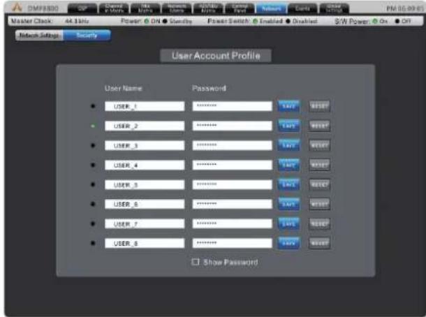 User Account Profile User Name Password USER_1 ******** USER_2 ******** USER_3 ******** USER_4 ******** USER_5 ******** USER_6 ******** USER_7 ******** USER_8 ******** Show Password
