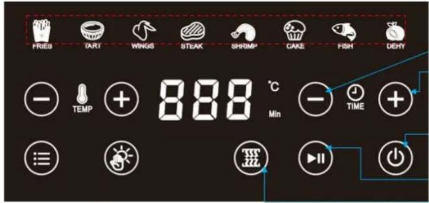 FRIES TART WINGS STEAK SHRIMP CAKE FISH DEHY - TEMP + 888 °C Min - TIME + ≡ + ← → Power