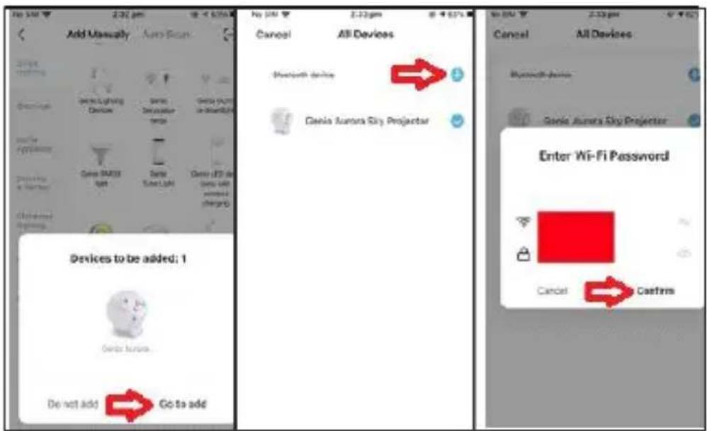Add Manually Auto Scan Device Lighting Device Decalator Tools Device Light Device Light Device LED de user info window charge Devices to be added; 1 Device status Do not add Go to add Cancel All Devices Bluetooth devices Cania Aurora Sky Projector Cancel All Devices Bluetooth devices Cania Aurora Sky Projector Enter Wi-Fi Password Cancel Caetirm