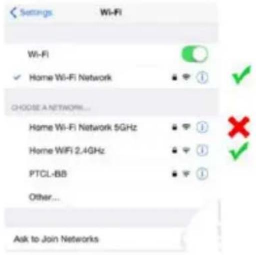 Settings Wi-Fi Wi-Fi ✓ Home Wi-Fi Network Choose a NETWORK... Home Wi-Fi Network 5GHz Home WiFi 2.4GHz PTCL-BB Other... Ask to Join Networks