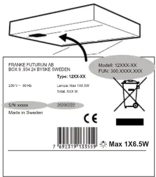 FRANKE FUTURUM AB BOX 9 .934 24 BYSKE SWEDEN Type: 12XX-XX 230 V ~ 50 Hz Lampa: Max 1X6.5W Total. XXX W 5/N: xxxx Made in Sweden Model: 12XXX-XX FUN: 300.XXXX.XXX CE 7 692319 133559 Max 1X6.5W
