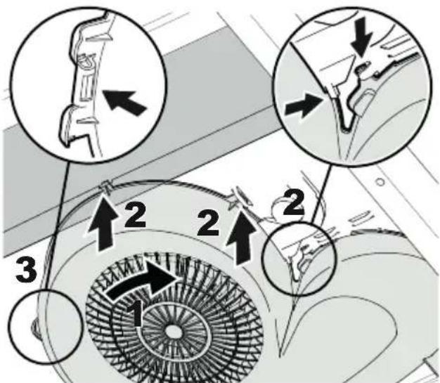 Technical diagram illustrating mechanical assembly steps with numbered annotations and directional arrows indicating motion or movement.