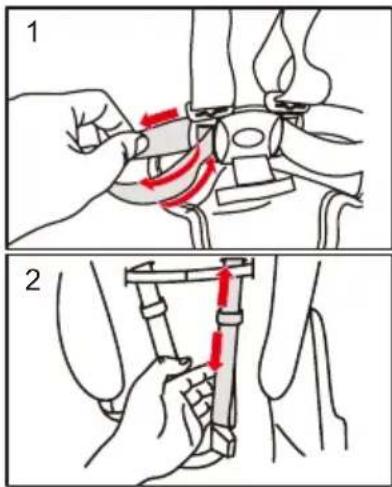 Medical illustration showing two steps of a surgical procedure involving a tool, with red arrows indicating direction and placement.