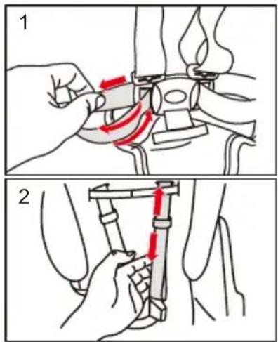 Medical illustration showing two steps of a surgical procedure involving a tool, with red arrows indicating direction of movement.