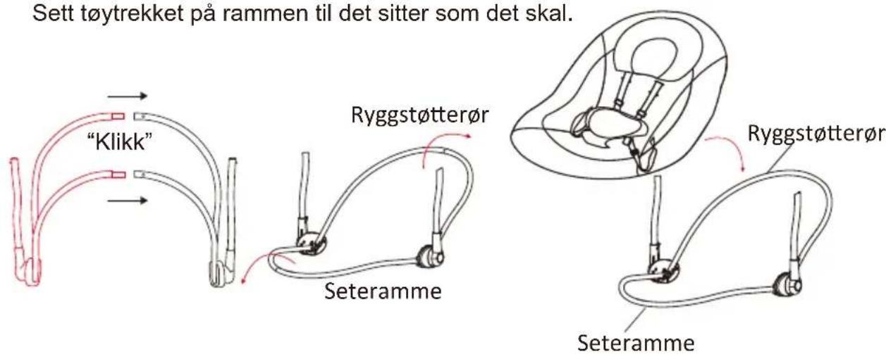 Sett tøytrekket på rammen til det sitter som det skal. "Klikk" Ryggstøtterør Seteramme Ryggstøtterør Seteramme