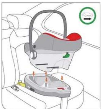 Diagram of car seatbelt device with labeled buttons and directional arrows indicating movement or positioning