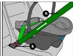 Diagram showing car seatbelt buckle assembly with labeled parts n and k