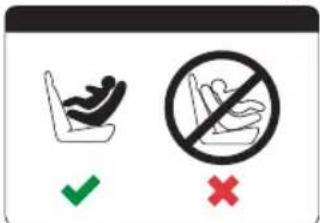 Safety warning sign showing correct and incorrect seatbelt rules with checkmark and cross symbols