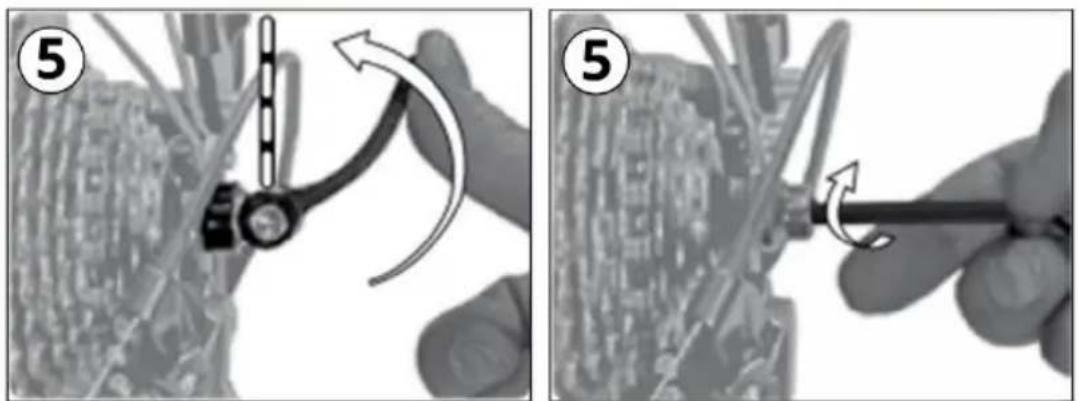Diagram showing two-step tool manipulation: left panel shows a mechanical component with curved arrows indicating rotation, right panel shows a tool with a curved arrow indicating rotation.