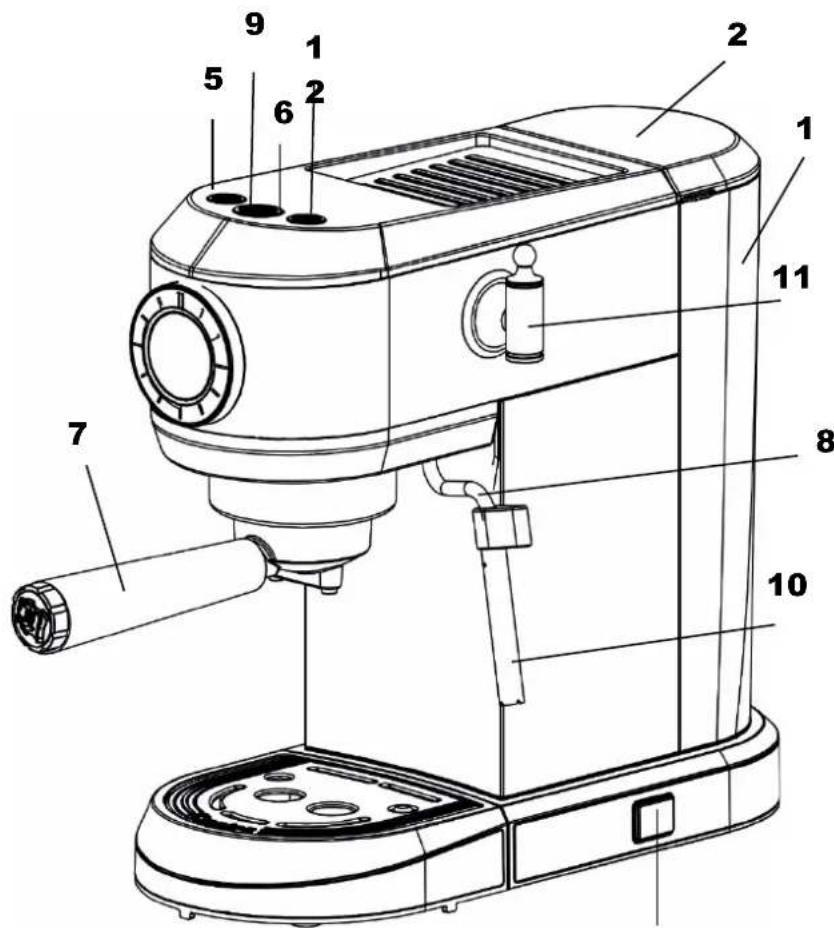 Technical diagram of a coffee maker with numbered parts for identification
