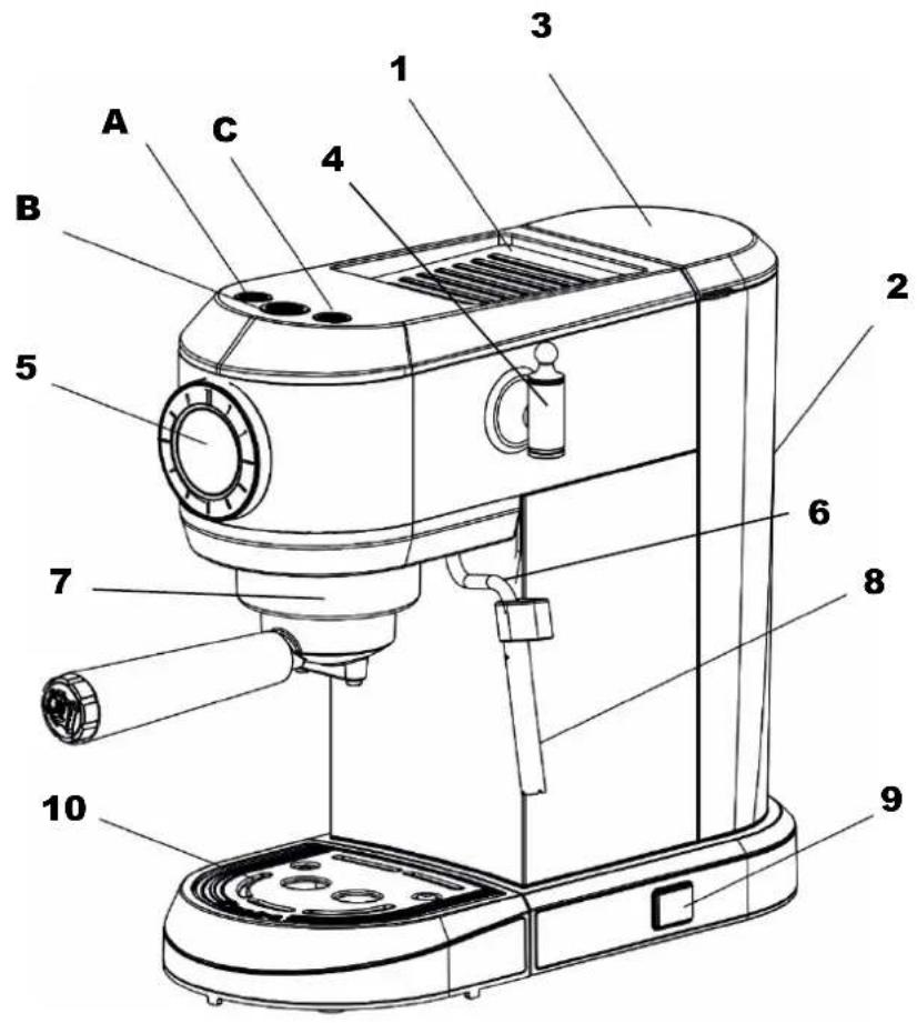 Labeled diagram of a coffee maker with numbered parts for identification