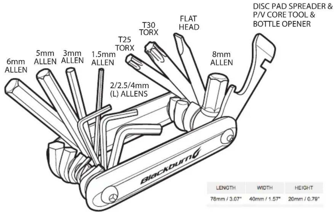 6mm ALLEN 5mm ALLEN 3mm ALLEN 1.5mm ALLEN T25 TORX T30 TORX FLAT HEAD 8mm ALLEN 2/2.5/4mm (L) ALLENS DISC PAD SPREADER & P/V CORE TOOL & BOTTLE OPENER LENGTH WIDTH HEIGHT 78mm / 3.07" 40mm / 1.57" 20mm / 0.79"
