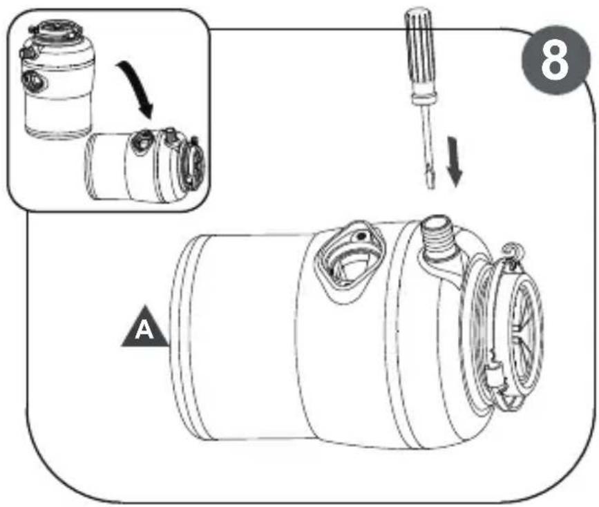 Diagram illustrating a mechanical assembly process with labeled parts and directional arrows, including a magnified inset showing the component being processed.