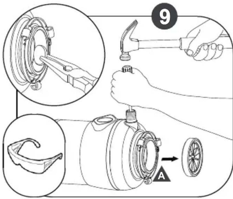 Technical diagram illustrating a mechanical assembly process with labeled parts and steps, including tool, hammer, and wheel components.