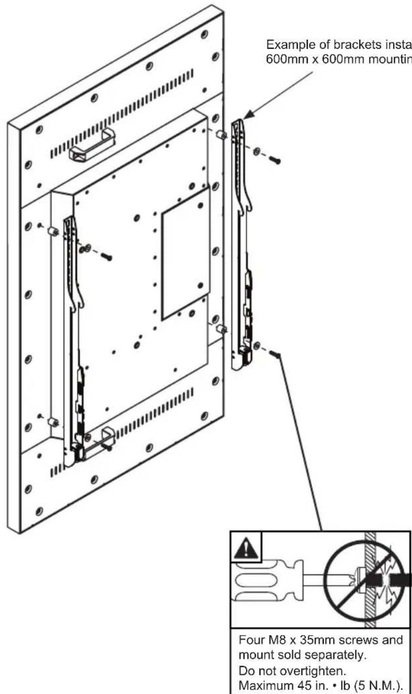 Example of brackets install 600mm x 600mm mountin Four M8 x 35mm screws and mount sold separately. Do not overtighten. Maximum 45 in. • lb (5 N.M.).