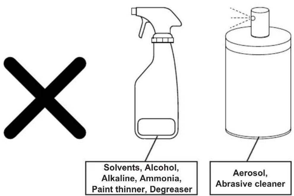 X Solvents, Alcohol, Alkaline, Ammonia, Paint thinner, Degreaser Aerosol, Abrasive cleaner