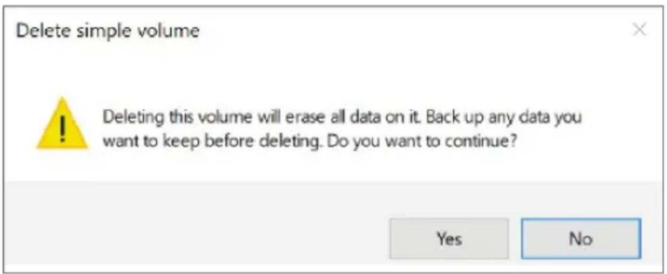 Delete simple volume Deleting this volume will erase all data on it. Back up any data you want to keep before deleting. Do you want to continue? Yes No