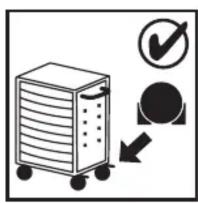 Diagram showing a rack with checkmark and directional arrows, indicating inspection or status change.