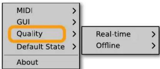 MIDI > GUI > Quality > Default State > About Real-time > Offline >