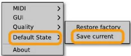 MIDI > GUI > Quality > Default State > About Restore factory Save current