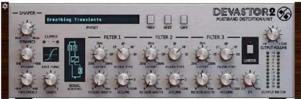 SHAPER Breathing Transients PRESET PREV NEXT SAVE DEVASTOR2 MULTIBAND DISTORTION UNIT Hear None DYNAMICS CUPPER 1 2 PRECAPE DIST FUNC. 10Hz 0.80 0 THRESHOLD SHAPE FILTER 1 FILTER 2 FILTER 3 LIMITER +24Hz OUTPUT VOLUME +120Hz +120Hz +120Hz +120Hz +120Hz +120Hz +120Hz +120Hz +120Hz +120Hz +120Hz +120Hz +120Hz +120Hz +120Hz +120Hz +120Hz +110Hz VOUT METER