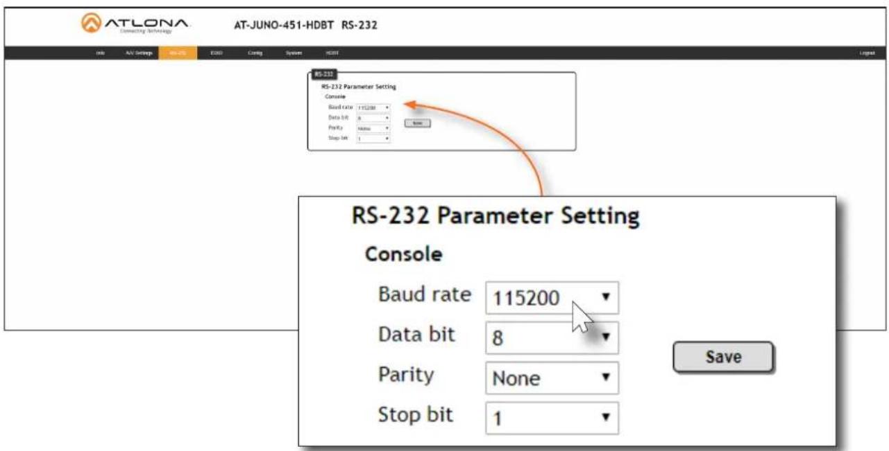 AT-LONA Connecting Technology AT-JUNO-451-HDBT RS-232 Info AV Setup NAV 000 EDD Cngg Systam HDBT RS-232 RS-232 Parameter Setting Console Baud rate 115200 Data bit 8 Parity None Stop bit 1 Name RS-232 Parameter Setting Console Baud rate 115200 Data bit 8 Parity None Stop bit 1 Save
