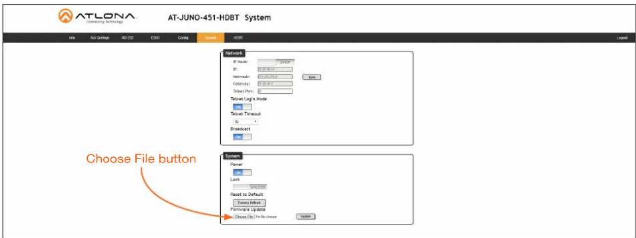 AT-LONA Connecting Technology AT-JUNO-451-HDBT System Info AV Settings RD 250 EOG Config Systems HDBT Network IP Manager: GNDP IP: 3.000000 Numeric: 0.000000 Gateway: 3.000000 Telnet Port: 0 Telnet Login Mode link Telnet Timeout 10 Broadcast Line System Power link Lock WIN/RESET Reset to Default Fixing Initout Firmware Update Choose File, For Use choose Select Choose File button