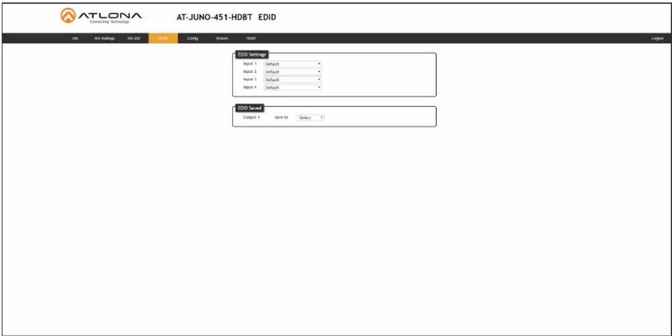 AT-LONA Connecting Technology AT-JUNO-451-HDBT EDID INFO AV Settings IRS-237 EBIT COOL Supply HDBT Layout EDID Settings Input 1 Default * Input 2 Default * Input 3 Default * Input 4 Default * EDID Saved Output 1 save to Select *