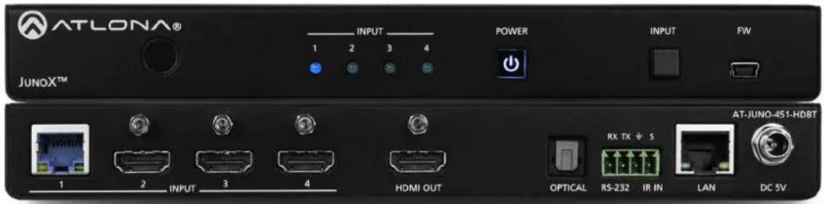ATLONA® JUNOX™ INPUT POWER INPUT FW 1 2 3 4 RX TX ↓ S 1 2 INPUT 3 4 HDMI OUT OPTICAL RS-232 IR IN LAN DC 5V AT-JUNO-451-HDBT