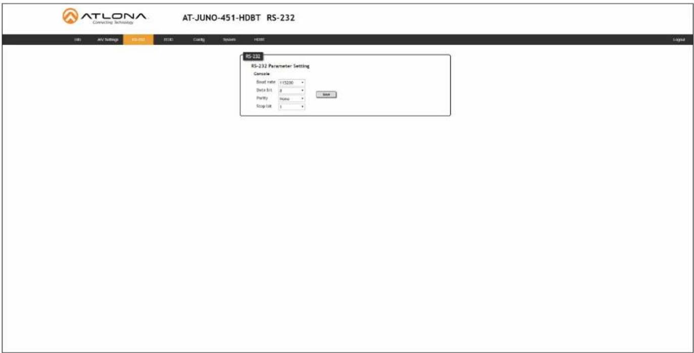 AT-LONA Connecting Technology AT-JUNO-451-HDBT RS-232 RS-232 RS-232 Parameter Setting Console Signal rate 115200 Data bits 0 Parity Status Stop bit 1 Load