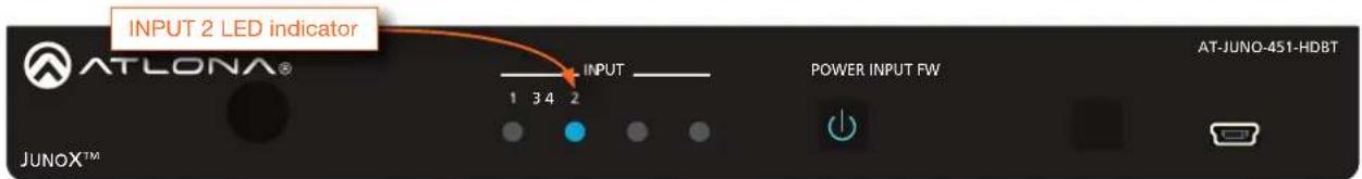 INPUT 2 LED indicator ATLONA® INPUT POWER INPUT FW AT-JUNO-451-HDBT JUNOX™ 1 3 4 2