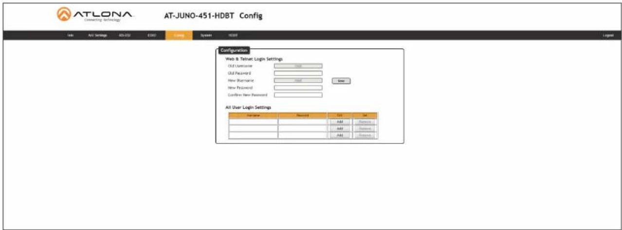 AT-LONA Connecting Technology AT-JUNO-451-HDBT Config Info AV Settings A0-232 E000 Coding System HDBT Logit Configuration Web & Telnet Login Settings Out Username: None Out Password: New Electronic: None Save New Password: Confirm New Password: All User Login Settings User Name Password Font Set Add Passes Add Passes Add Passes All Passes