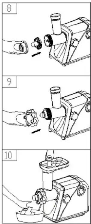 Technical illustration showing three-step steps of a manual manual pump tool, labeled 8, 9, and 10.
