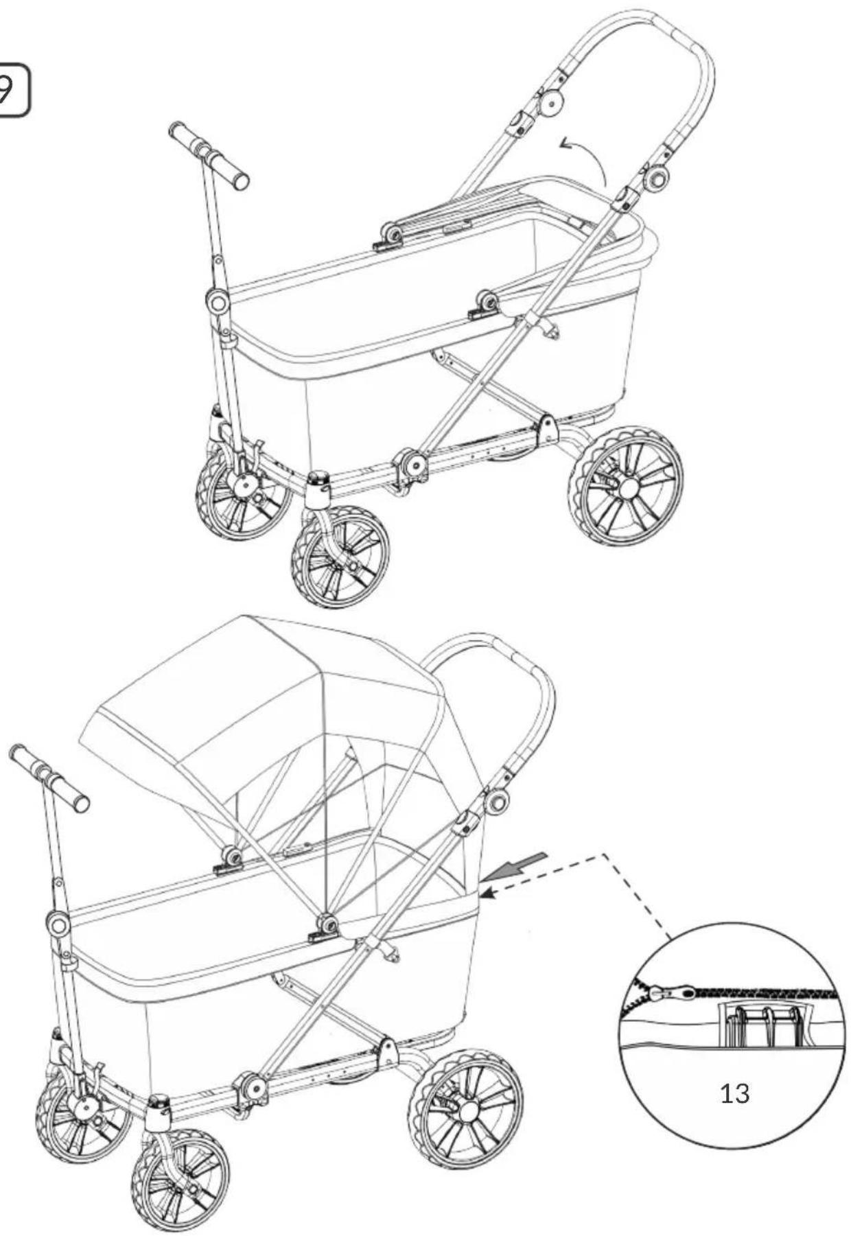 Technical diagram of a two-wheeled baby stroller with labeled components and a magnified inset showing structural details.
